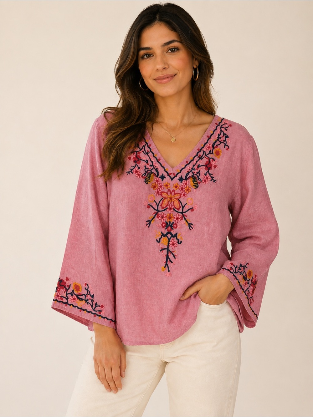 Solitaire Pink 100% Linen Floral Embroidered Boho Tunic Bell Sleeve Top size L